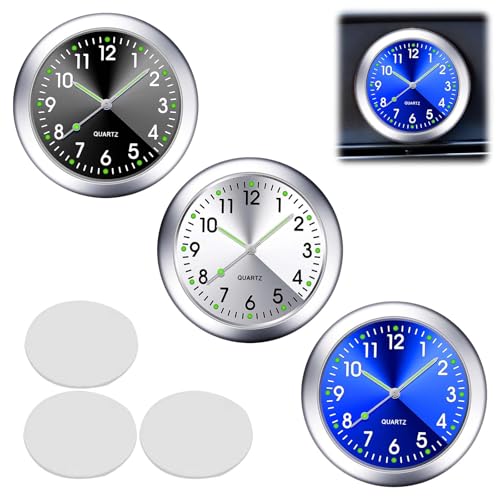 3 Stück Car Clock Mini Fahrzeug Armaturenbrettuhr Quarzuhr Selbstklebende Autouhr Auto Armaturenbrett Uhr Stilvolle Leuchtende Für Jedes Auto(Schwarz & Silber & Blau) von AOUZOVLI