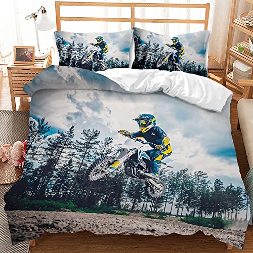 AOXHFNV 3D Motorrad-Bettbezug Motocross-Bettwäsche-Set Motorrad-Rennbettbezug mit Kissenbezug für Teenager-Extremsportarten (135×200cm, blau) von AOXHFNV