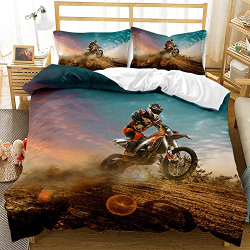 AOXHFNV 3D Motorrad-Bettbezug Motocross-Bettwäsche-Set Motorrad-Rennbettbezug mit Kissenbezug für Teenager-Extremsportarten (135×200cm, rot) von AOXHFNV