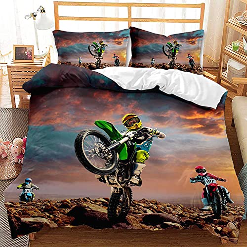 AOXHFNV 3D Motorrad-Bettbezug Motocross-Bettwäsche-Set Motorrad-Rennbettbezug mit Kissenbezug für Teenager-Extremsportarten (135×200cm, grün) von AOXHFNV