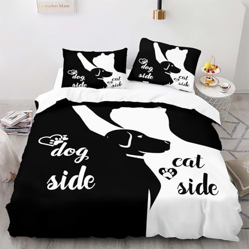 AOXHFNV Bettwäsche-Set aus der Schwarz-Weiß-Serie Dog Side and Cat Side Motiv Bettbezug Paar Bettwäsche Set Schwarz Weiß Doppelbett (Dog Cat Side, 200×200cm) von AOXHFNV