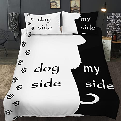 AOXHFNV Bettwäsche-Set aus der Schwarz-Weiß-Serie Dog Side and My Side Motiv Bettbezug Paar Bettwäsche Set Schwarz Weiß Doppelbett (135×200cm, Dog Side) von AOXHFNV