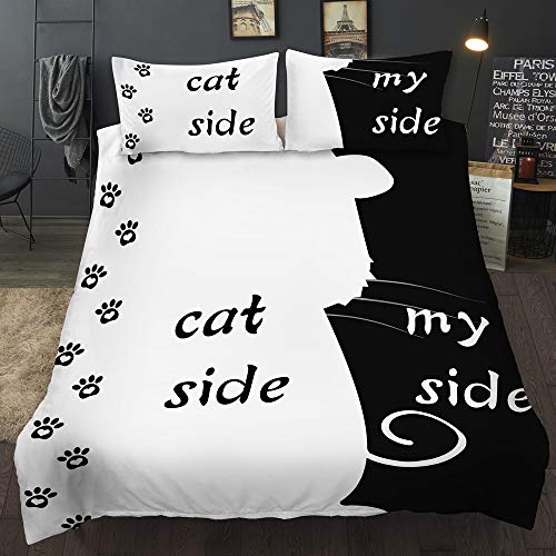 AOXHFNV Bettwäsche-Set aus der Schwarz-Weiß-Serie Dog Side and My Side Motiv Bettbezug Paar Bettwäsche Set Schwarz Weiß Doppelbett (200×200cm, Cat Side) von AOXHFNV