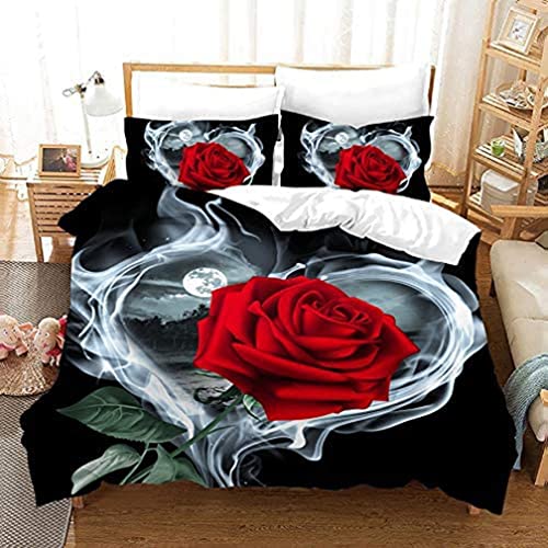 AOXHFNV Rose Bettbezug Set 3D Rot Rose Bettwäsche Set Mädchen Kreative Rose Bettwäsche Set 3 Teilig mit 2 Kissenbezug (Rot, 135×200cm) von AOXHFNV