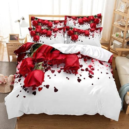 AOXHFNV Rose Bettbezug Set 3D Rot Rose Bettwäsche Set Mädchen Kreative Rose Bettwäsche Set 3 Teilig mit 2 Kissenbezug (Rot A, 200×200cm) von AOXHFNV