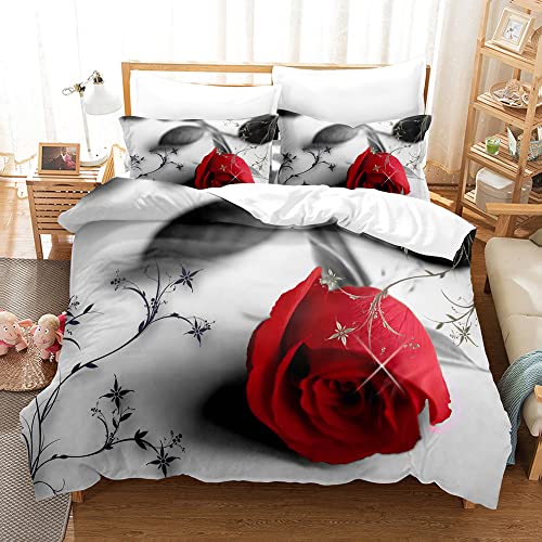 AOXHFNV Rose Bettbezug Set 3D Rot Rose Bettwäsche Set Mädchen Kreative Rose Bettwäsche Set 3 Teilig mit 2 Kissenbezug (Rot B, 135×200cm) von AOXHFNV