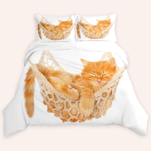 AOXHFNV süßer Katze Bettbezug 3D Katzenmotiv 3 teilig Bettwäsche Set Passend für Kinder bettwäsche set135×200cm mit 2 Kissenbezügen (220×240cm, bräunlich gelb) von AOXHFNV