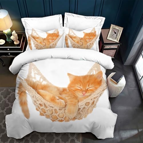 AOXHFNV süßer Katze Bettbezug 3D Katzenmotiv 3 teilig Bettwäsche Set Passend für Kinder bettwäsche set135×200cm mit 2 Kissenbezügen (220×240cm, bräunlich gelb) von AOXHFNV