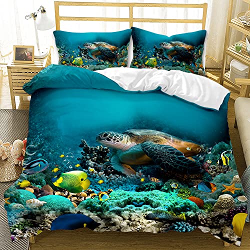 Bettwäsche für Meeresschildkröten 135×200cm Blaue Unterwasserweltthemastarfish kleine Fische und korallenroter Musterbettbezug für Kinder Junge Mädchen (Meeresschildkröte) von AOXHFNV