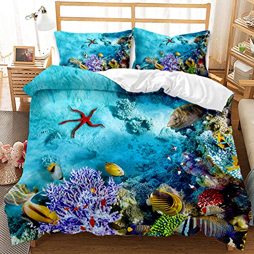 Bettwäsche für Meeresschildkröten 135×200cm Blaue Unterwasserweltthemastarfish kleine Fische und korallenroter Musterbettbezug für Kinder Junge Mädchen (Seestern) von AOXHFNV