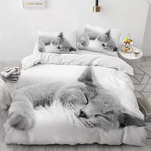 süßer Katze Bettbezug 3D Katzenmotiv 3 teilig Bettwäsche Set Passend für Kinder bettwäsche set135×200cm mit 2 Kissenbezügen (220×240cm, grau) von AOXHFNV