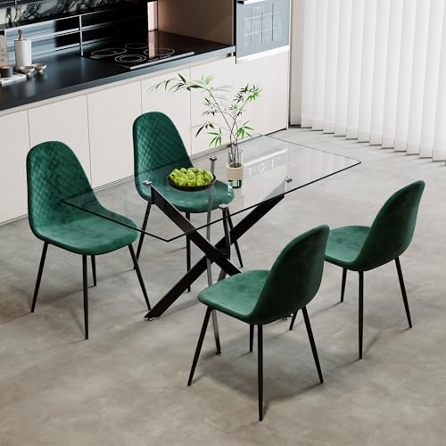 AOYA Esstisch mit 4 Stühle, Rechteckiger Retro Design Glas Esstisch mit Metallbeinen und Küchenstühlen, Tisch Stuhl Set für Esszimmer Wohnzimmer 110 cm (4, Grün) von AOYA