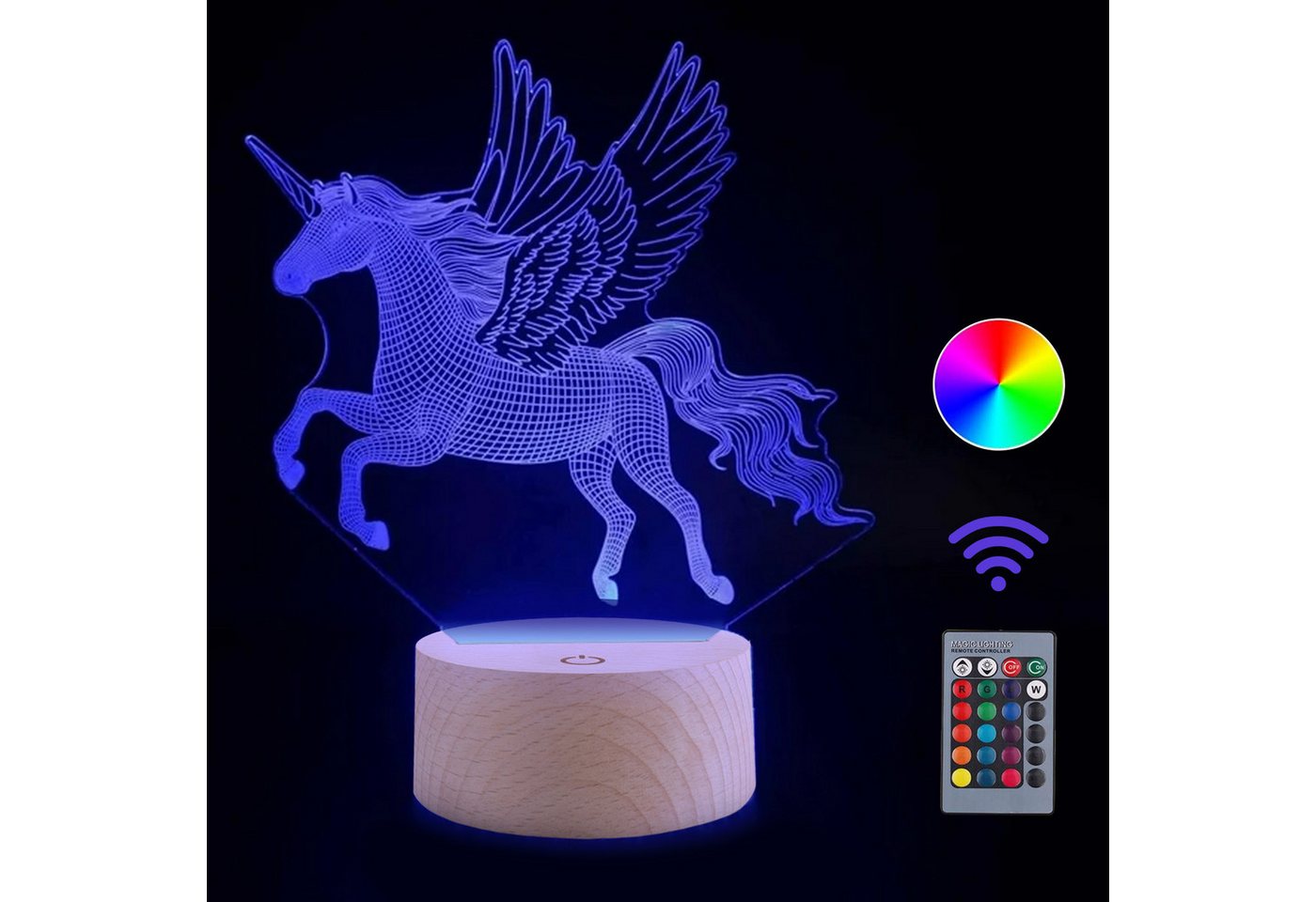 HOUROC Nachttischlampe LED Nachttischlampe, LED Nachtlicht 3D-Illusion, variabel 16 Farben, 16 Farben einstellbar, Mit Fernbedienung, durch Berührung einstellbar von HOUROC