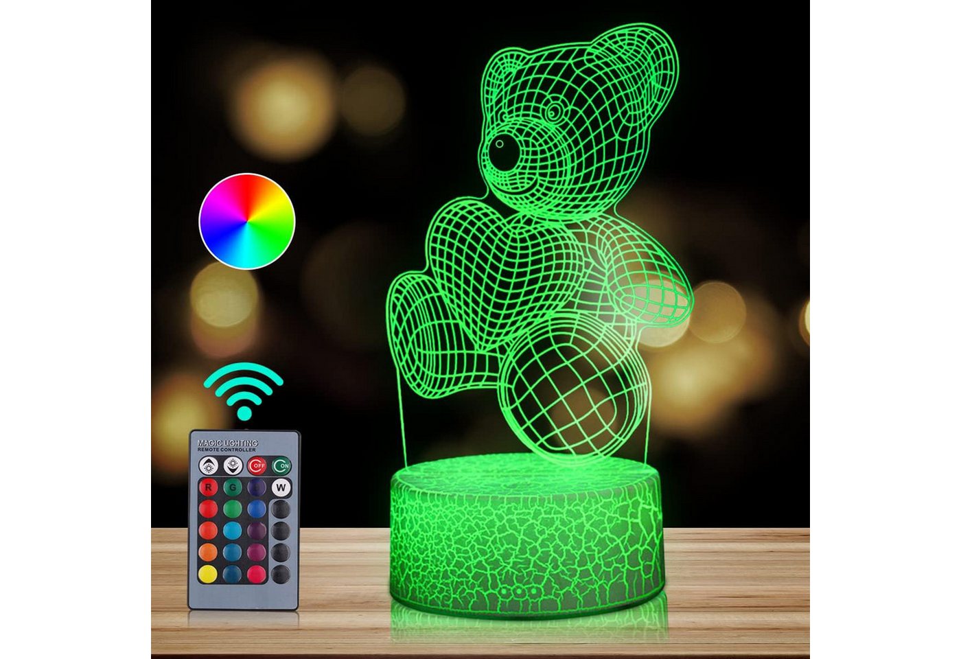 HOUROC Nachttischlampe LED Nachttischlampe, LED Nachtlicht 3D-Illusion, variabel 16 Farben, 16 Farben einstellbar, Mit Fernbedienung, durch Berührung einstellbar von HOUROC