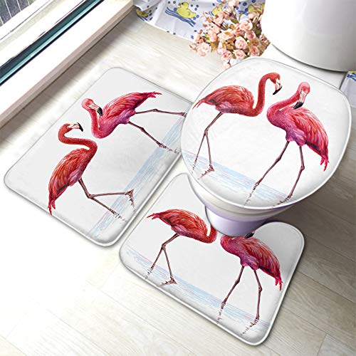 AOYEGO Flamingo-Badematte mit tropischen Vögeln, Flamingos, steht im Fluss, See, Wasser mit rosa Federn, langen Beinen, Badezimmerteppich-Set, 3-teilig, WC-Deckelbezug, rutschfeste Matte von AOYEGO