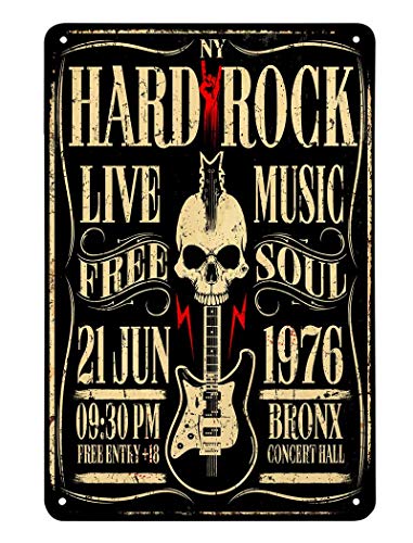 AOYEGO Hard Rock Poster Blechschild, Rock Roll Music mit Totenkopf Gitarre, Vintage Metall-Blechschilder für Cafés, Bars, Pubs, Shop, lustige Retro-Schilder für Männer und Frauen, 20.3 x 30.5 cm von AOYEGO