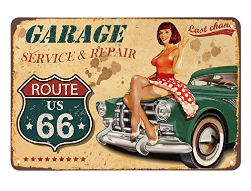 AOYEGO Pin Up Girl Blechschild, Route 66 Garage Service Repairs Women Sit On the Green Auto, Vintage-Metall-Blechschilder für Cafés, Bars, Pubs, Laden, Wanddekoration, lustige Retro-Schilder für von AOYEGO