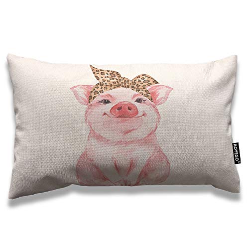 AOYEGO Schweine-Kissenbezug, 30.5x50.8 cm, Bauernhoftier, lustig, niedliches Schweinchen mit Leoparden-Bandana, rechteckige Kissenbezüge, Sofa, Rosa von AOYEGO