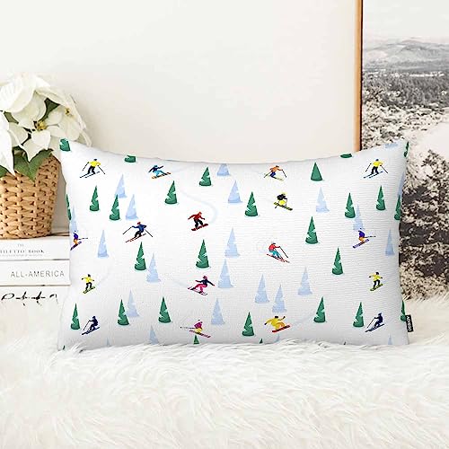 AOYEGO Ski-Kissenbezug, kleine Figuren von Skifahrern, Eisbäumen auf blanko, Kissenbezug für Schlafzimmer, Wohnzimmer, Kissen, Sofa, Standardgröße 50,8 x 66 cm von AOYEGO