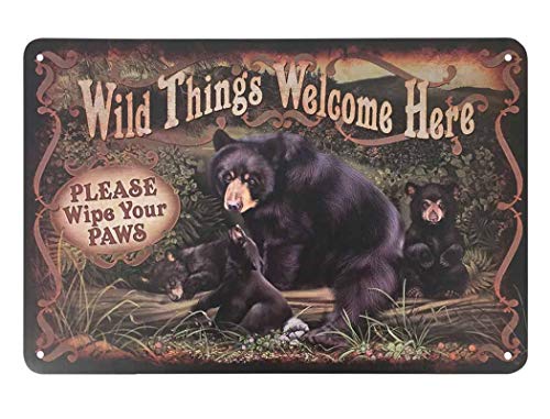 AOYEGO Wild Things Bär Blechschild, Bär im Wald, Welcome Here Please Wipe Your Paws, Vintage-Metall-Blechschilder für Cafés, Bars, Pubs, lustige Retro-Schilder für Männer und Frauen, 20.3 x 30.5 cm von AOYEGO