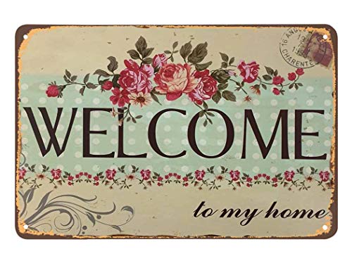 AOYEGO Willkommens-Blechschild, Welcome to My Home Brief mit Blumen, Vintage-Metall-Blechschilder für Cafés, Bars, Pubs, Shop, Wanddekoration, lustige Retro-Schilder Männer und Frauen, 20,3 x 30,5 cm von AOYEGO