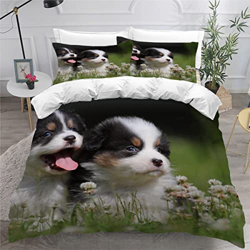 Bettwäsche 135x200 Australian Shepherd Welpe Bettbezug Set 3 teilig Weich Microfaser Bettwaren Süß Tier Hund Bettwäsche-Set für Kinder Teenager ReißVerschluss Bettbezug Mit 2 Kissenbezug 80x80cm von AOYNP