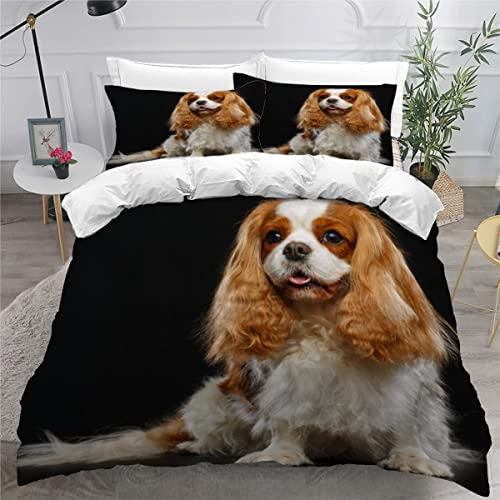 Bettwäsche 135x200 Cavalier-King-Charles-Spaniel Bettbezug Set 3 teilig Weich Microfaser Bettwaren Süß Tier Hund Bettwäsche-Set für Kinder Teenager ReißVerschluss Bettbezug Mit 2 Kissenbezug 80x80cm von AOYNP