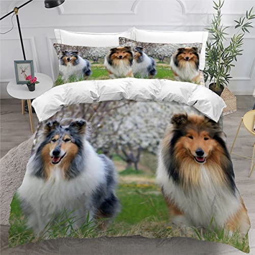 Bettwäsche 135x200 Grober Collie Bettbezug Set 3 teilig Weich Microfaser Bettwaren Süß Tier Hund Bettwäsche-Set für Kinder Teenager ReißVerschluss Bettbezug Mit 2 Kissenbezug 80x80cm von AOYNP