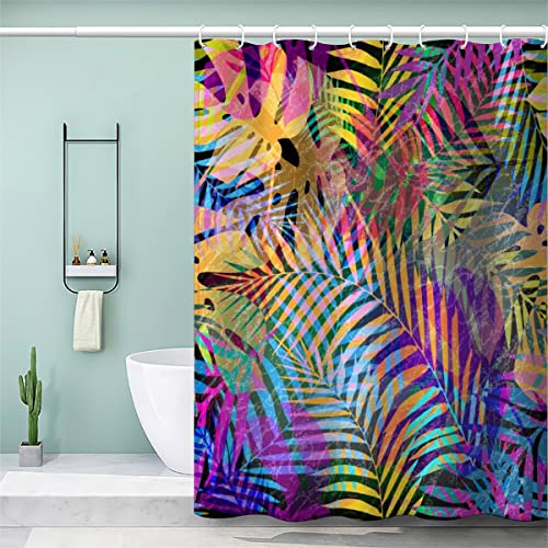 Duschvorhang 180x180 Anti-Schimmel Polyester Wasserdicht Duschvorhänge Farbige Palmblätter Pflanzen Blumen Shower Curtain mit 12 Hooks für Badezimmer Badewanne Anti-Bakteriell Waschbar Badvorhang von AOYNP