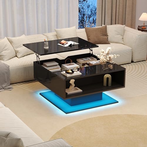 AOZBZ Couchtisch mit Höhenverstellbarer Platte, Moderner Hochglanz Wohnzimmertisch mit LED, Sofatisch Kaffeetisch mit Versteckte & Offene Stauraum, Quadratischer Beistelltische für Wohnzimmer, Schwarz von AOZBZ