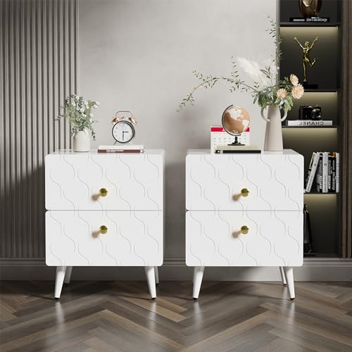 AOZBZ Nachttisch 2er Set, Nachtschrank mit 2 Schubladen, Moderner Nachttisch, vergoldete Griffe, Wellenmuster, Ecken mit stoßfestem Design, Weiß (39.5 * 40 * 50cm) von AOZBZ
