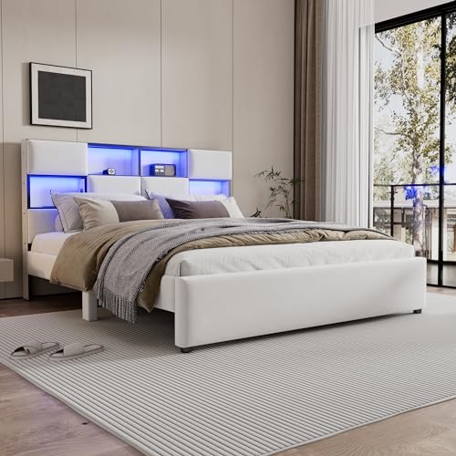 AOZBZ Polsterbett 160×200cm, mit Steckdosen & LED Beleuchtung, Doppelbett mit Stauraum Kopfteil & Hydraulischem Stauraum, Bettgestell mit Lattenrost, Jugendbett, Linen(Ohne Matratze) (160 * 200cm) von AOZBZ