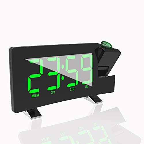 AOZBZ Projektion Decke Wanduhr Digitalprojektor Radiowecker FM Radio Clock 7,1" Wide Curved Screen LED Digital Schreibtisch/Regal Uhr (Grüne Anzeige) von AOZBZ