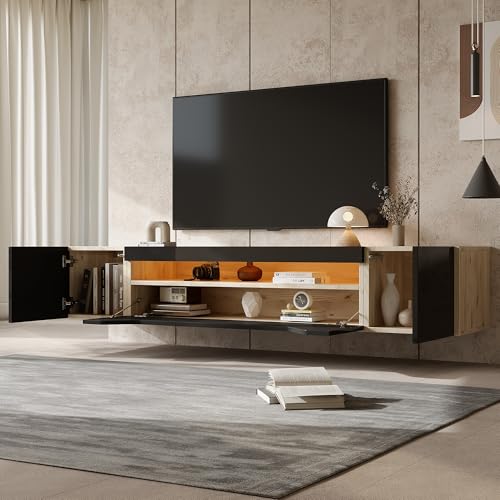 AOZBZ TV Schank, Lowboard Hochglanz hängend mit LED, TV Board Fernseherschank mit Falttür, TV-Ständer für 75-Zoll-Fernseher, Wandmontierte TV-Regale 180cm für Wohnzimmer, Esszimmer, Schwarz&Holzfarbe von AOZBZ