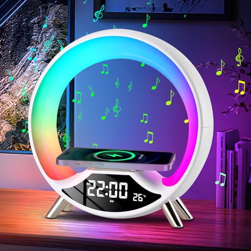 Bunte Bluetooth-Stereo-Atmosphärenuhr, kabelloses Laden, mehrere Ambiente-Lichteffekte, Bluetooth-gesteuerte Musik, Wecker, simulierte Sonnenaufgangslichter, Pickup-Lampe und andere Funktionen von AOZBZ