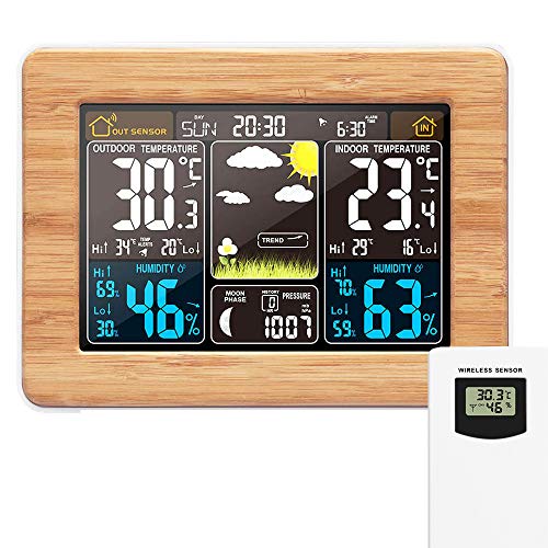 AOZBZ Wetterstation Funkuhr mit Außensensor, High-Tech-RF-Sensortechnologie Digital Thermometer Hygrometer Innen und Außen Raumthermometer Feuchtigkeit mit Wettervorhersage, Uhrzeitanzeige (Gelb) von AOZBZ
