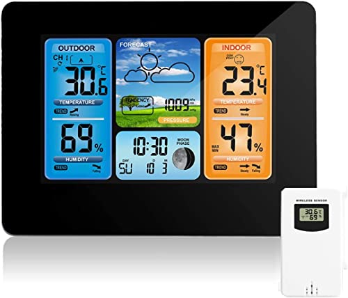 AOZBZ Drahtlose Wetterstation mit Außensensor, Innen- und Außenthermometer mit Zeit, Digital Thermometer, Temperatur, Luftfeuchtigkeit, Barometer, Wecker von AOZBZ