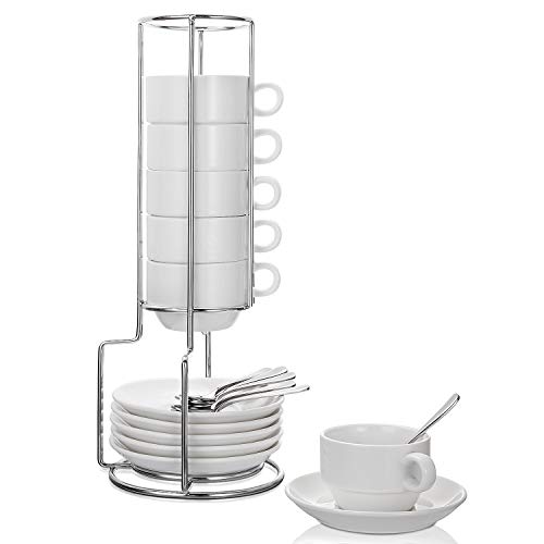 AOZITA Espressotassen und Untertassen mit Löffeln, Standregal, 19-teilige stapelbare Porzellantassen, 70,9 ml Demitasse-Tassen für Latte, Café, Mokka von AOZITA