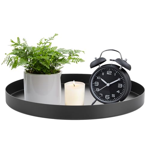 APACALI 1 Stück Dekotablett Schwarz, 30CM Edelstahl Deko Tablett, Rund Servierteller Dekoteller, Kosmetik Tabletts, Badezimmer Tablett Metall für Dessert Schmuck Kerzen von APACALI