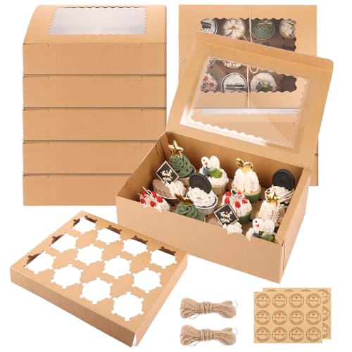 APACALI 10 Stück Cupcake Box 12er, Cupcake Transportbox, Cupcake Muffin Box mit Fenster und Einsätzen, Transportbox für Cupcakes und Muffins, Cupcake Boxen Muffin Box mit Seil und Stickern von APACALI