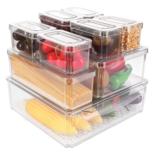 APACALI 10er Set Kühlschrank Organizer Set, Durchsichtig Stapelbare Kühlschrank Organizer mit deckel, Vier Größen Aufbewahrungsbox Kühlschrank für Küchen Schränke von APACALI