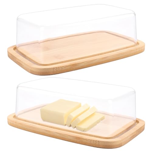 APACALI 2 Stück Butterdose Kunststoff mit Deckel, 19x12.5x6.5CM Butter Dish aus Bambus für 250g Butter, Butterdose mit Deckel aus bambus und PS, Butterbehälter für Küchen Esstisch Nachmittagstee von APACALI