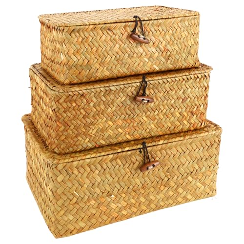 APACALI 3 Stück Rattan Aufbewahrung Korb, Rechteckig Seegras Korb mit Deckel, Natürlicher Seegras Geflochten Korb, Weidenkörbe für Regale, Organisation von natürlichem Seegras, 3er-Set von APACALI