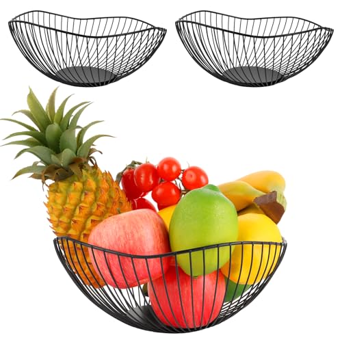APACALI 3 Stück Obstkorb Schwarz, 25.5 x 10 cm Obstschalen Metall, Obstkorb Modern, Anti-Rost Dauerhaft Obstkörbe Schwarz, Multifunktionaler Obstschalen aus Eisen, Deko Drahtkorb von APACALI