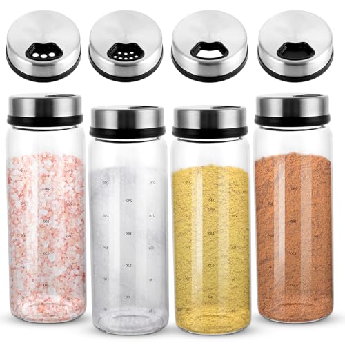 APACALI 4 Stück Gewürzgläser mit Drehdeckel, 300ML Borosilikatglas Gewürzstreuer, Gewürzstreuer mit 3 Arten von Gewürzlöchern, Rund Gewürzdosen Küche, Grillen im Freien, Bbq, Kochen von APACALI
