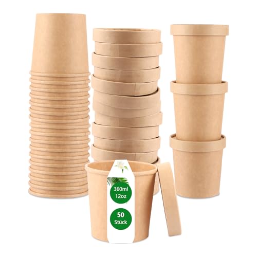 APACALI 50 Stück Pappbecher mit Deckel, 360ml 12oz Eisbecher Pappe mit Deckel, Pappbecher Speisebecher für Eiscreme, Suppe, Mikrowellengeeignet und Gefrierbar, Braun von APACALI