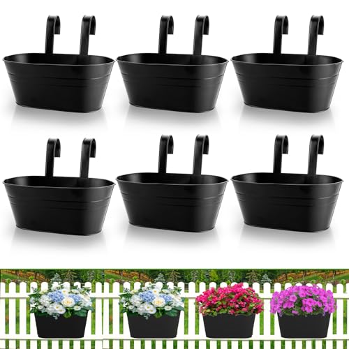 APACALI 6 Stück Metall Aufhängen Blumentöpfe, 28CM Blumentöpfe zum Aufhängen, Blumeneimer Pflanztop Übertopf zum Aufhängen mit Abnehmbarem Haken für Balkon Zaun Garten, Schwarz von APACALI