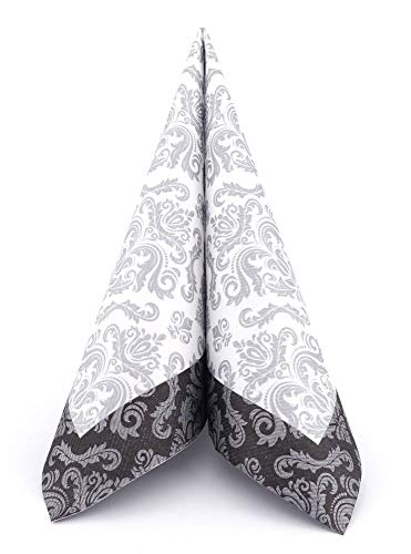APARTina 50 Servietten Ornament Barock Silber stoffähnlich Airlaid, hochwertige stoffähnliche Servietten Einwegservietten Trauerfeier Tischdeko Silberhochzeit (Schwarz, 33 x 33 cm) von APARTina