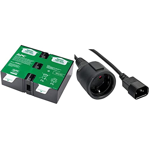 APC APCRBC124 - Ersatzbatterie für Unterbrechungsfreie Notstromversorgung (USV) von APC & Netz Adapter Kabel, Inline®, Kaltgeräte C14 auf Schuko Buchse, 1m (1 Stück) von APC