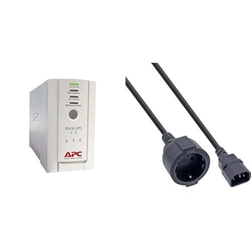 APC Back-UPS CS - BK650EI - Unterbrechungsfreie Stromversorg 650VA (4 Ausgänge IEC, Überspannungsschutz) & Netz Adapter Kabel, Inline®, Kaltgeräte C14 auf Schuko Buchse, 1m (1 Stück) von APC